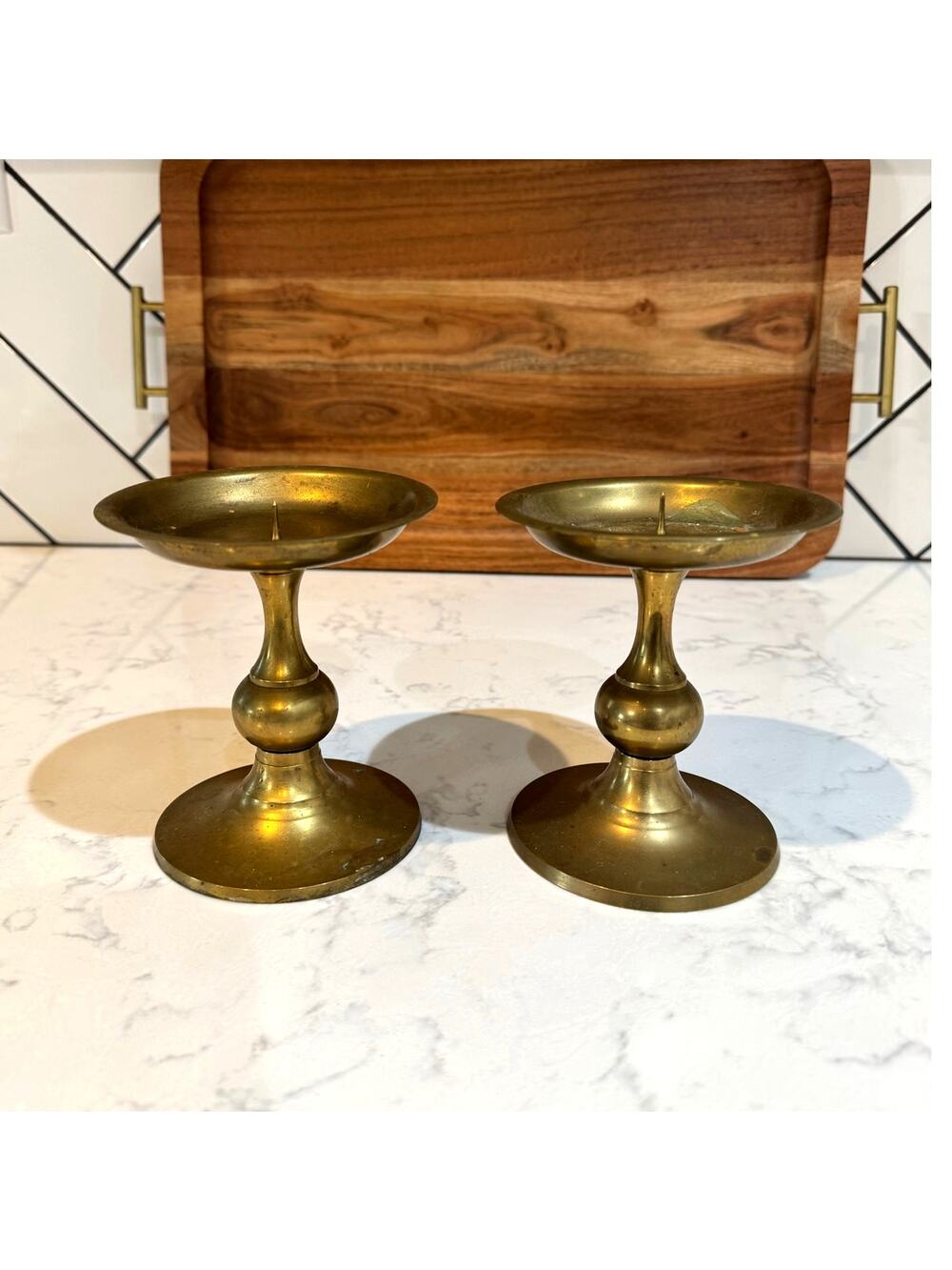 vintage brass pillar candle holders classic pedestal base ball stem design